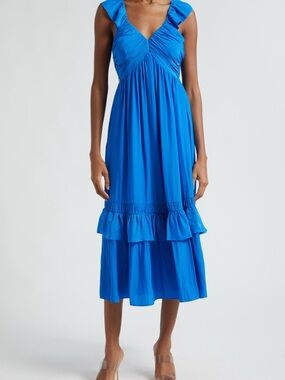Bright Blue Sleeveless Ruffle Midi Dress by RAMY BROOK